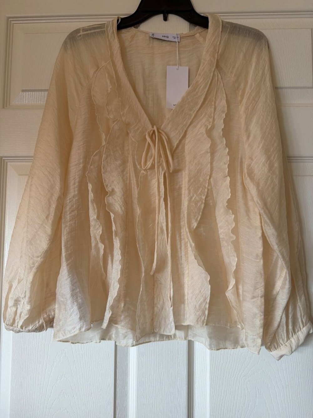 Mango Womens Ruffled Sheer Blouse Long Sleeve Tie-Front Cream Size L Made In Tur
